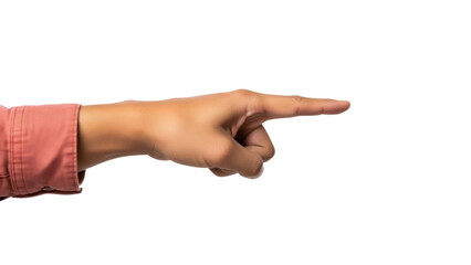 Isolated human hand pointing straight to the side with sleeve, gesture with index finger extended