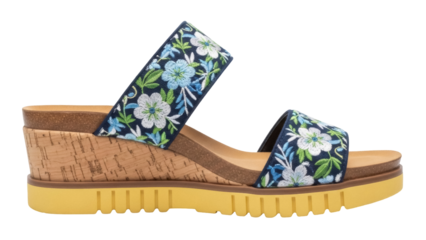 Isolated casual floral sandal for warm weather and summer fashion; comfortable wedges