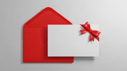 3D Blank white gift card with red ribbon bow or gift voucher in open red envelope on white grey background