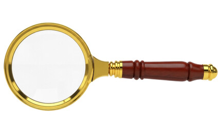 Isolated magnifying glass with a gold frame and wooden handle for research analysis