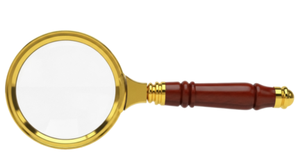 Isolated magnifying glass with a gold frame and wooden handle for research analysis