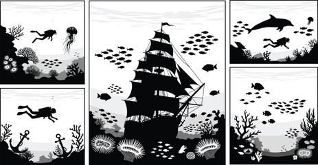Fototapeta premium Underwater exploration, scuba diving, marine life, coral reef, sunken ship, ocean scene, CAD drawing, flat vector, silhouette, illustration