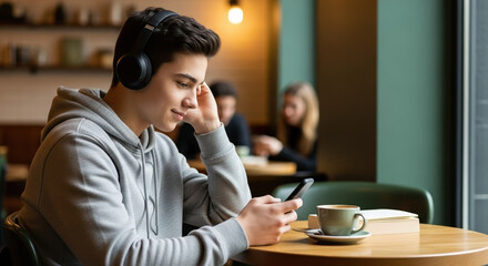Young man wearing headphones using smartphone in cafe. Relaxing with coffee and digital entertainment. Modern student lifestyle