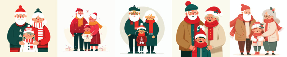 Vector full body of old couple hugging their beloved grandchild at Christmas