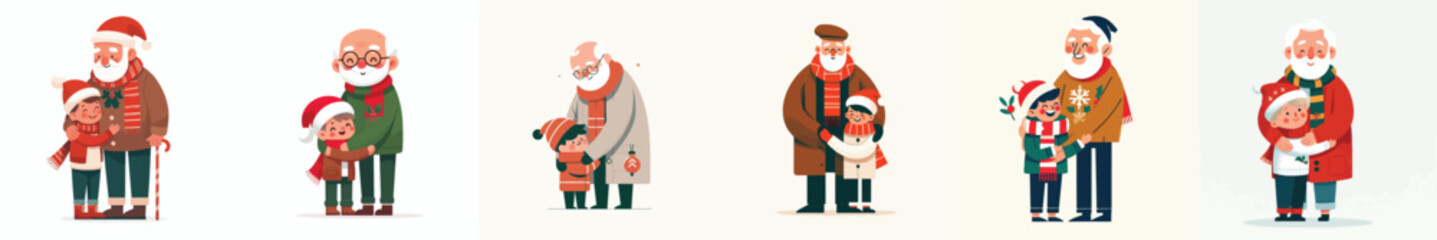 Vector full body of grandfather hugging his beloved grandson at Christmas
