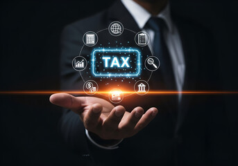 Businessman holding digital tax concept - Technology stock photo - Business stock photo - Business photos - Website header background 