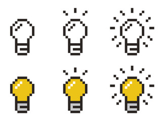 電球のピクセル。8ビットのランプアイコン。ゲームでの発見、ひらめき。pixel Light bulb. 8 bit lamp icon.