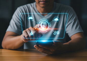 Man using tablet with ai interface - Technology stock photo - Business stock photo - Business photos - Website header background 