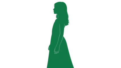 Isolated young woman's profile wearing dress, green silhouette, minimalistic style vector