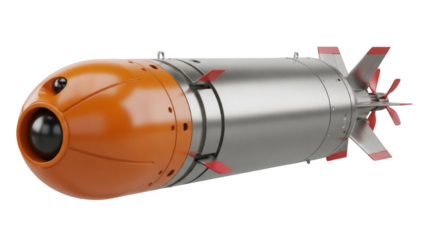 Isolated orange silver torpedo in 3D rendering with fins, naval weapon, warfare technology