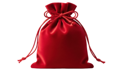 Isolated red drawstring bag, traditional tied fabric pouch, empty small gift present holder
