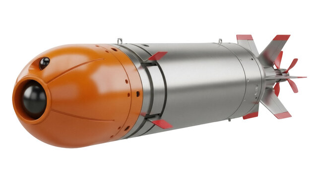 Isolated orange silver torpedo in 3D rendering with fins, naval weapon, warfare technology