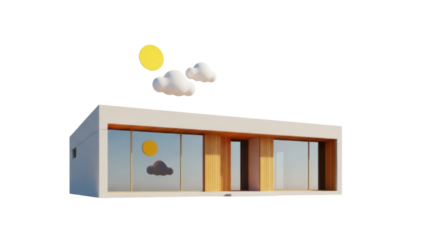 Isolated Simple Modern Building With Clouds and Sun, a Peaceful Architecture Design Concept