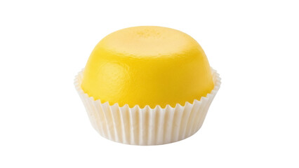Isolated yellow cupcake dessert in paper cup, single, food, sweet treat, bakery product