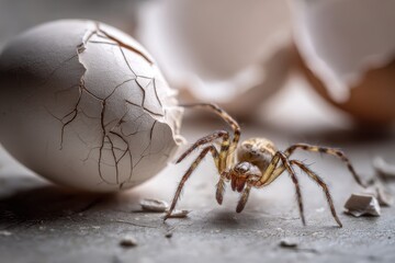Spider emerges from cracked eggshell detail
