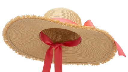 Isolated tan sun hat with a pink ribbon, casual summer headwear for vacation and sun protection