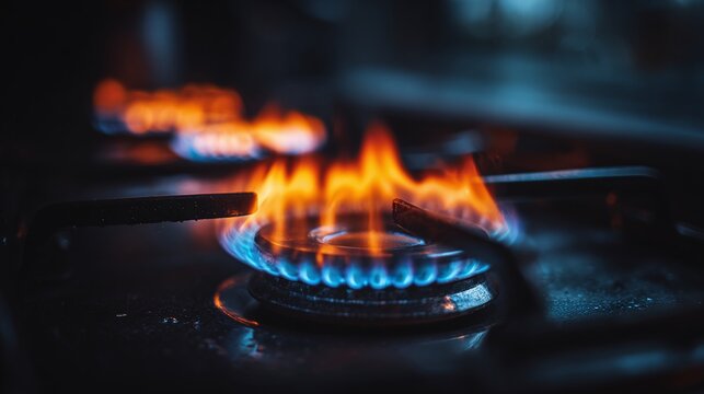Close-up of a lit gas stove burner. The blue and orange flames dance, providing heat and a focal point in the dimly lit kitchen. Cooking is implied by the ready burner.
