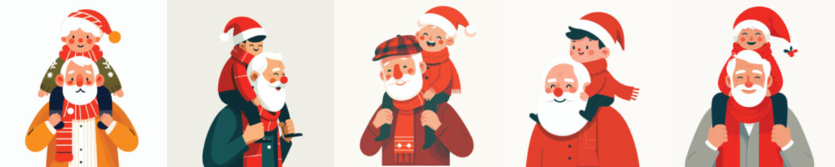 vector of happy grandfather carrying his grandson on his shoulders at Christmas
