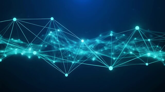 Abstract plexus network connecting data nodes glowing on dark blue background animation concept