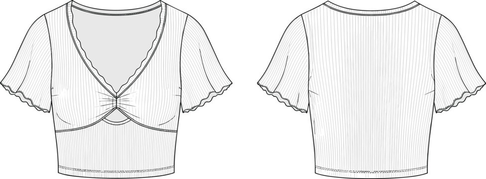 Women&rsquo;s cropped blouse, fashion sketch, technical drawing, scalloped sleeves, V-neckline, garment design, pinstripe fabric, CAD drawing, flat vector, illustration