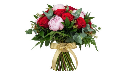 Isolated Bouquet of Roses and Peonies with Golden Ribbon, Romantic Wedding Floral Arrangement