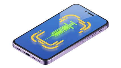 Isolated phone with syringe application on display screen, modern design, vaccination concept