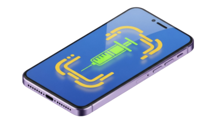 Isolated phone with syringe application on display screen, modern design, vaccination concept