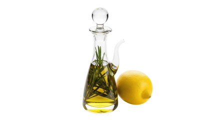 Isolated still life features a lemon and a glass bottle filled with herb infused oil