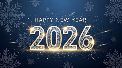 happy new year 2026, new year 2026, 2026 celebration, sparkling numbers, glitter text, festive design, winter holiday, dark blue background, snowflake background, falling snow, shining snowflakes, 