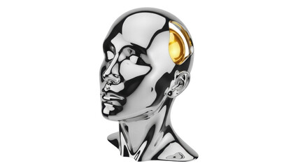Isolated chrome head with yellow brain, concept of intelligence, ideas, and knowledge