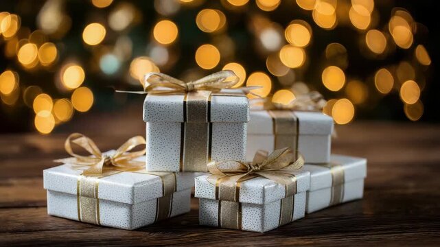 Stacked White Gift Boxes with Gold Ribbons on a Dark Wooden Surface against a Blurry Bokeh Background with Warm Lighting