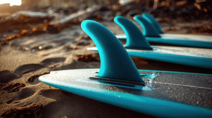 Turquoise Surfboards Lined Up on Sandy Beach