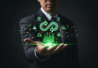 Businessman holding financial growth symbols - Technology stock photo - Business stock photo - Business photos - Website header background 