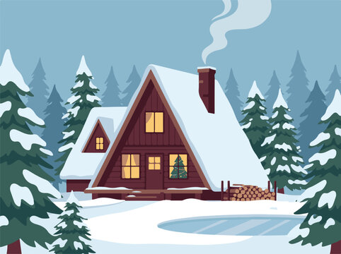 Cozy A-frame cabin in a snowy winter forest at night with warm lights