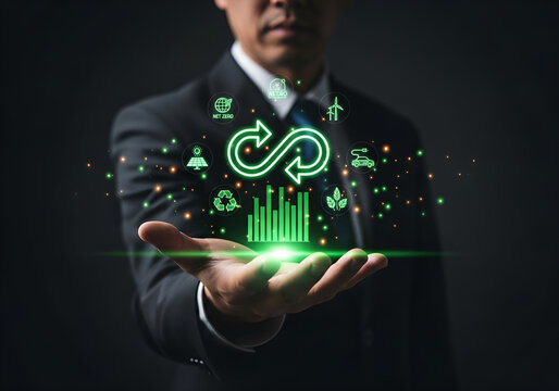 Businessman holding financial growth symbols - Technology stock photo - Business stock photo - Business photos - Website header background - Powered by Adobe