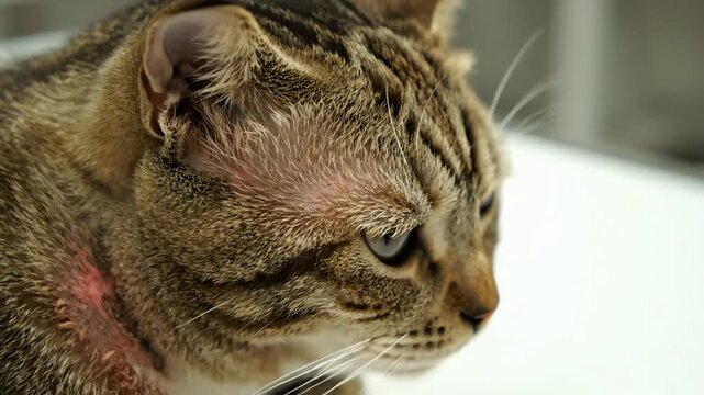 Close up of a tabby cat with irritated skin around its neck and ear.