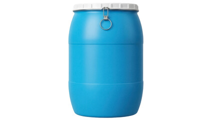 Isolated cyan plastic drum container for liquid and chemical substance storage indoors