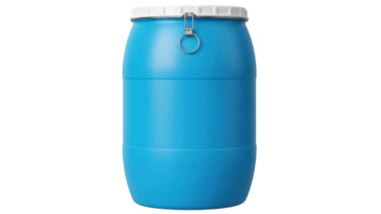 Isolated cyan plastic drum container for liquid and chemical substance storage indoors