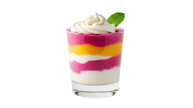 Isolated sweet layered dessert trifle in a glass, topped with whipped cream and a mint leaf