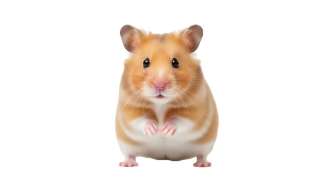 Isolated golden hamster stands upright looking forward, a charming, small pet rodent on display