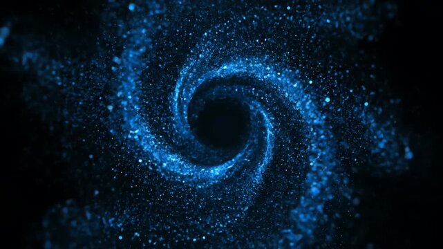 Abstract glowing blue particles swirl into a dark cosmic vortex with ethereal light effects