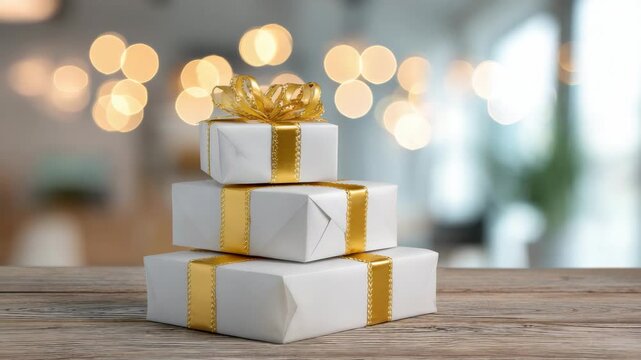 Stacked White Gift Boxes with Gold Ribbons on a Wooden Surface with Bokeh Background Presenting a Festive and Elegant Celebration Setting
