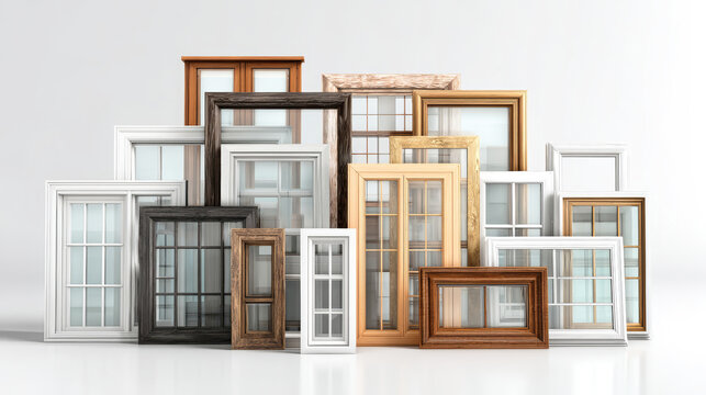 Different styles of window frames and doors are displayed prominently, showcasing wood and plastic designs, ideal for inspiring interior home decor choices