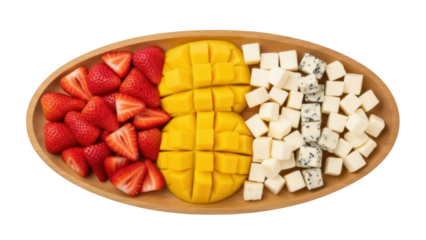 Isolated wooden platter of strawberries, mango, and cheese, healthy eating snack tray concept