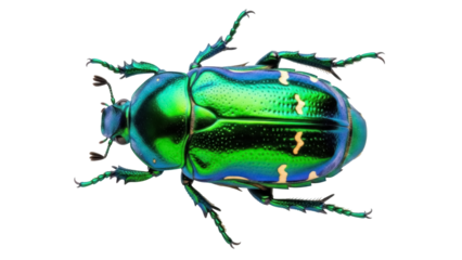 Isolated Jewel Beetle Insect, metallic iridescent green bug, glossy shell, antennae