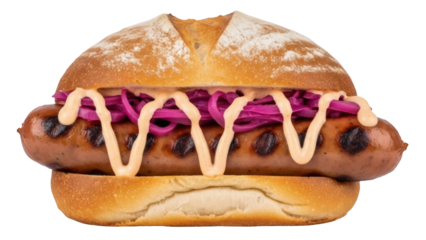 Isolated hearty sausage sandwich on toasted bun with purple cabbage, cream sauce is appetizing