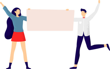 People holding blank sign celebrating achievement or announcement