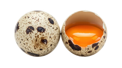 Obraz premium Isolated Two Quail Eggs One Intact One Broken Open Showing Rich Orange Yolk Protein Source Diet