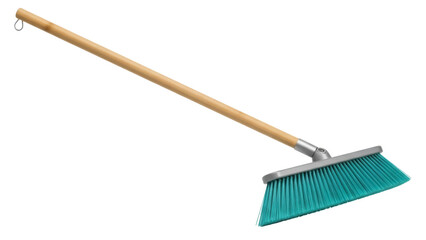 Isolated Turquoise Broom with Wooden Handle for Household Cleaning Tasks in Home
