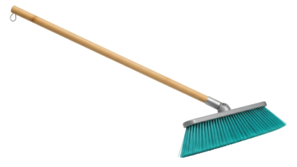 Isolated Turquoise Broom with Wooden Handle for Household Cleaning Tasks in Home